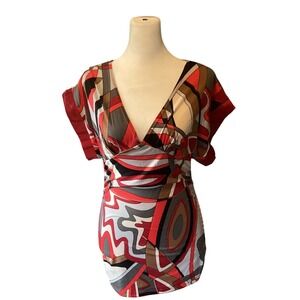 B Sharp VTG Womens Abstract Babydoll V-Neck Top L Red Retro Mod Bodycon Party